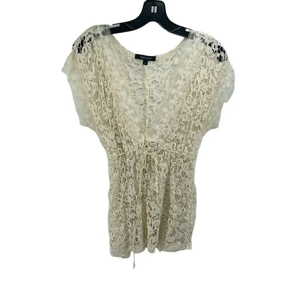 Karen Kane Women's Floral Lace Top Blouse Sheer V Neck Tie Knot Cream Small